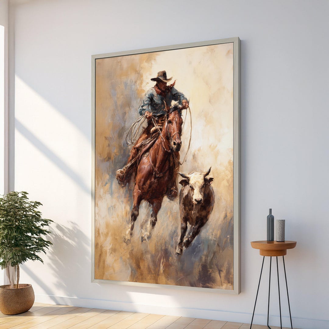 Cowboy Roping Bull Canvas, Western Horse Rider Wall Art, Rustic Rodeo ...