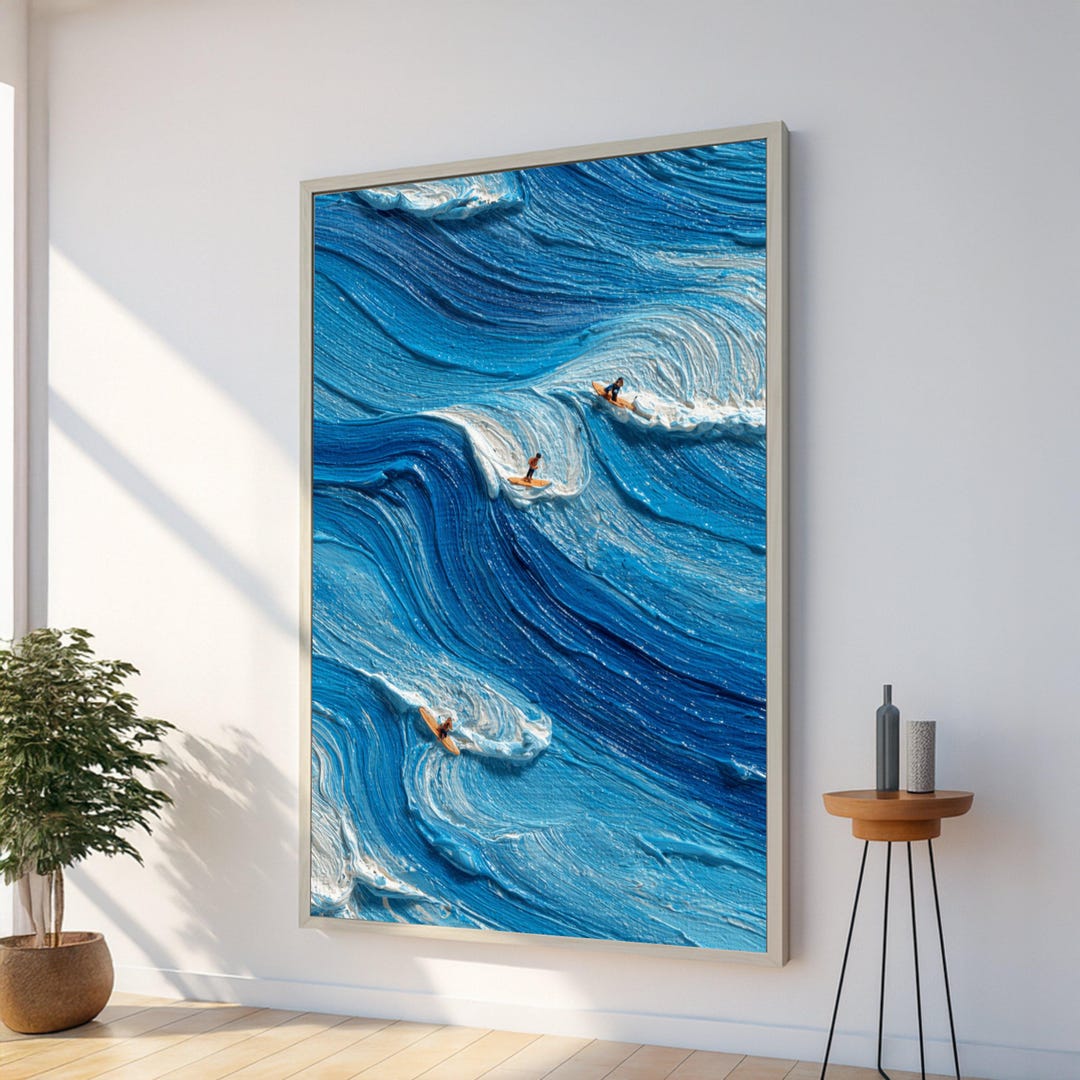 Ocean Wave Surfers, Blue Abstract Canvas, Modern Surfing Wall Art ...