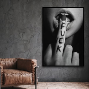 fuck wall art, bedroom wall art, woman middle finger, erotic canvas, middle finger, sex decor, wall art canvas design, framed ready to hang image 2
