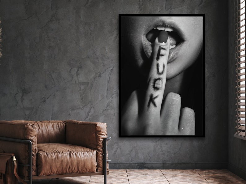 fuck wall art, bedroom wall art, woman middle finger, erotic canvas, middle finger, sex decor, wall art canvas design, framed ready to hang image 2
