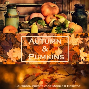 Op de afbeelding: Een herfstafbeelding met pompoenen, kalebassen en bladeren. De tekst "AUTUMN & PUMPKINS" staat in een witte kader. Er zijn ook twee vintage melkbussen te zien, samen met de tekst "LIGHTROOM PRESET VOOR MOBILE & DESKTOP".