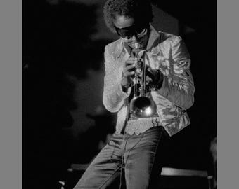 Miles Davis Onstage 1972 Ann Arbor Blues and Jazz Festival Trumpet Candid Concert Performance Black and White. Limited Edition Signed Print