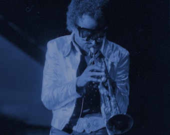 Miles Davis Onstage 1972 Ann Arbor Blues & Jazz Festival Trumpet Candid Concert Performance Kind of Blue tint. Limited Edition Signed Print