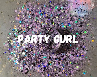 May include: A close-up of a jar of purple, black, and iridescent glitter with the text "PARTY GURL" in white letters. The jar is surrounded by loose glitter. The text "Sunrise Sunset Glitters" is in the upper right corner of the image.