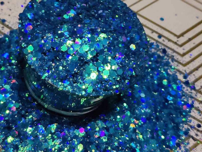 color shift sea blue glitter in reusable jars and per ounce