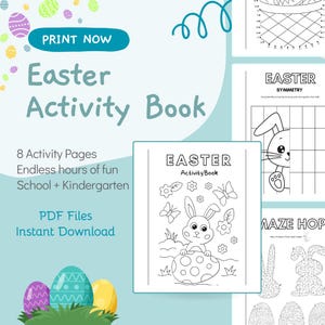 May include: An Easter Activity Book with a white cover featuring a bunny, flowers, and butterflies. The cover text reads "Easter Activity Book." The image also shows activity pages with mazes and symmetry exercises. The book is a PDF file for instant download.