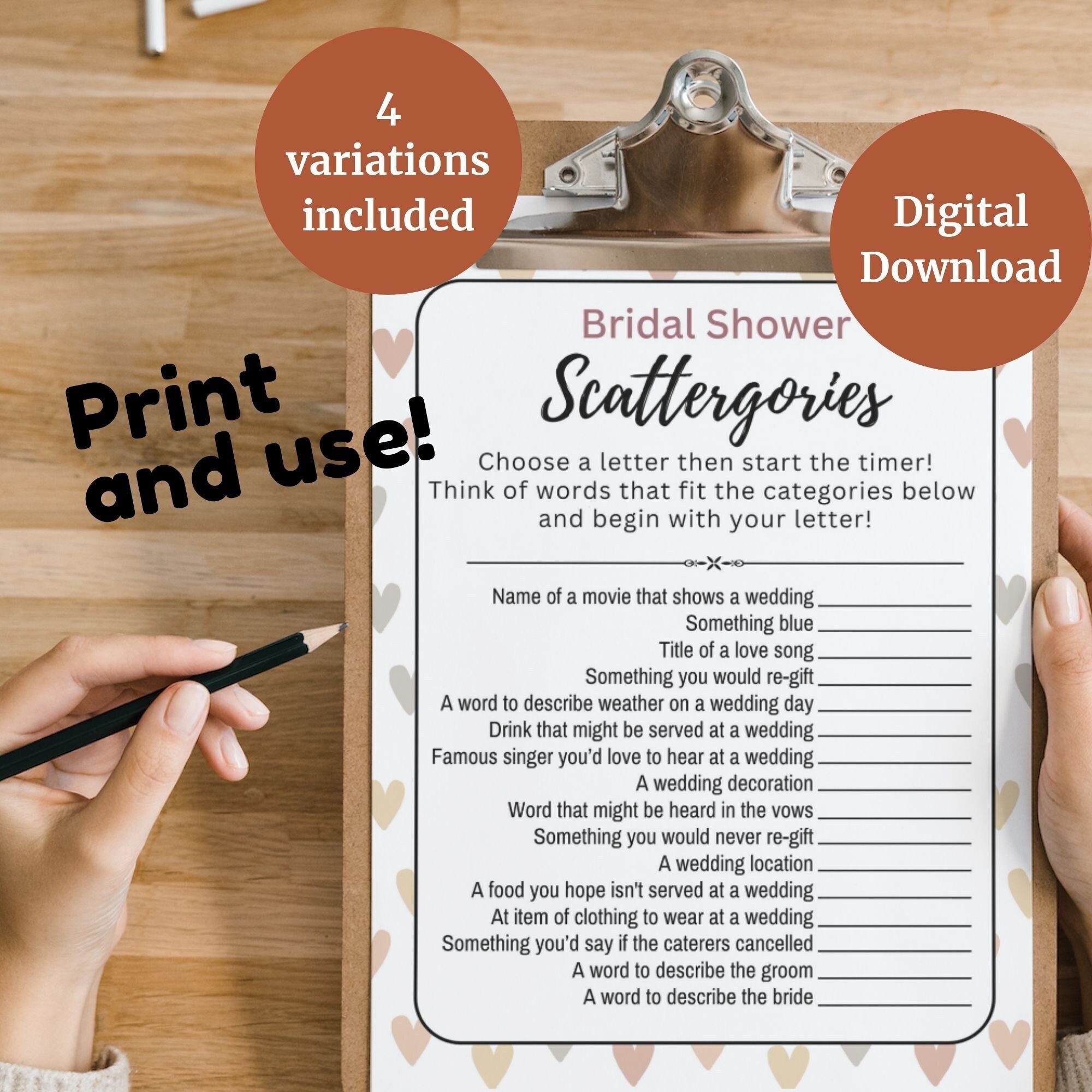 Bridal Shower Scattergories Printable Game Sheet Fun Wedding Party ...