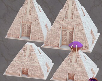 May include: Four white pyramid-shaped buildings with a textured brick pattern. Each building has a door and a purple gem on top. The text "Amethyst Oasis" is visible in the bottom right corner.
