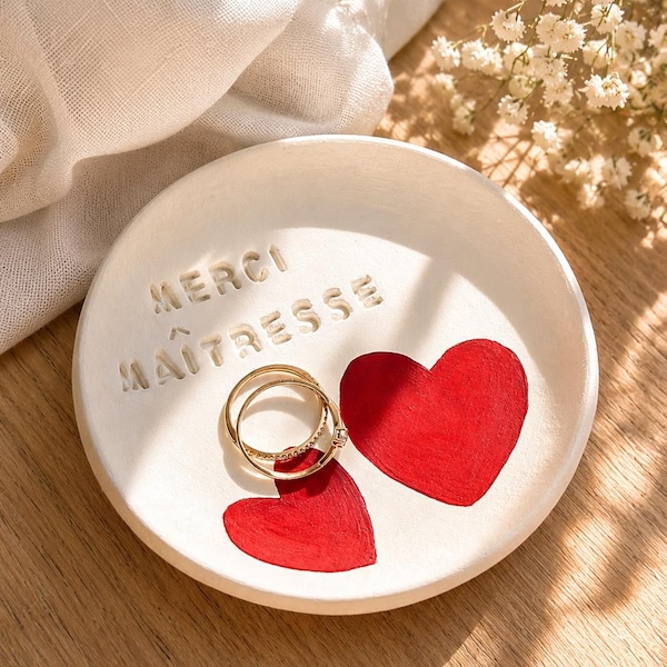 Personalized clay jewelry dish with "Thank You Teacher" name - Decorative tray with large red hearts for ATSEM/Nanny/AESH