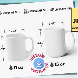 11 オンスと 15 オンスのマグカップ モックアップ Printify マグカップ サイズ表 セラミックマグカップ モックアップ サイズ比較 即時ダウンロード JPG