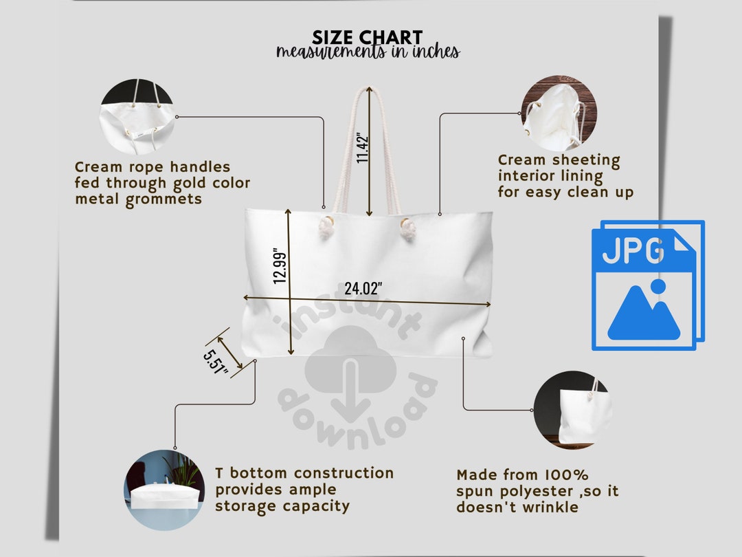 Weekender Bag Size Chart Mockup ,MWW on Demand Weekender Bag With Rope