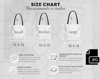 AOP Tote Bag Größentabelle Mockup, Printstifte-Vorlage (editierbare Canva PDF)