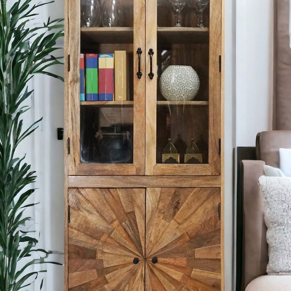 NEW Sunburst Display Bookcase Cabinet with Four Doors Hand-crafted Perfection 27x16x72