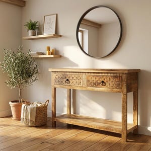 Hand-Crafted Solid Mango Wood Console Table 42"x14"x30" Hand-carved Sofa / Entry Table
