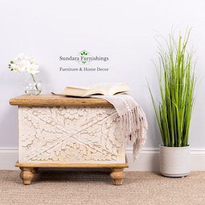 May include: White wooden storage chest with intricate floral carvings. The chest has a light wood top and four legs. A book and a throw blanket are on top of the chest. The chest is in front of a white wall with a green plant in a white pot to the right.