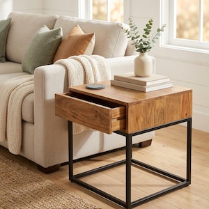 Hand-crafted Natural Wood and Iron Square Side Table, Nightstand, Accent Table with Drawer
