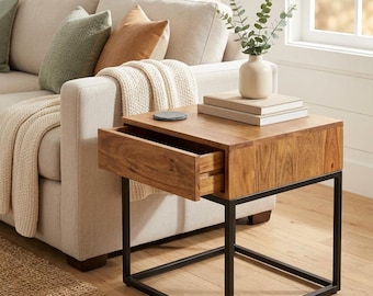 Hand-crafted Natural Wood and Iron Square Side Table, Nightstand, Accent Table with Drawer