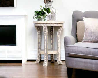 Hand-crafted Gray Inlay Side Table: Bone & Wood Accent Table