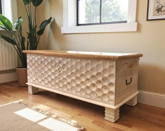 Handmade Mango Wood Bench Trunk: Honeycomb Carved Storage Ottoman