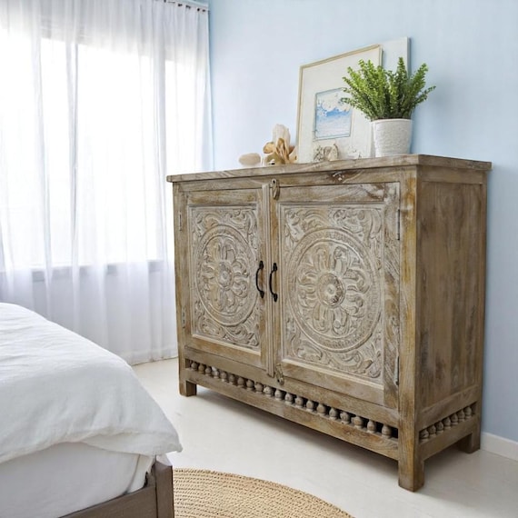Hand-Carved Mango Wood Sideboard: Sandblasted Buffet Cabinet Limited Stock