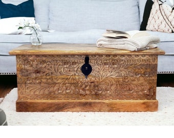 NEW!! Large Natural Solid Mango Wood Bench Trunk with Hand-Carved Detail