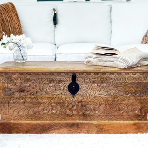 NEW!! Large Natural Solid Mango Wood Bench Trunk with Hand-Carved Detail