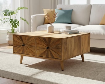 Hand-crafted Square Sunburst Coffee Table with 4 storage sections