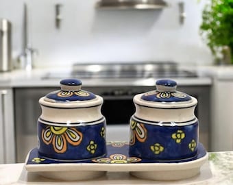 Hand-Painted Ceramic Pickle/Chutney Jar Set with Tray