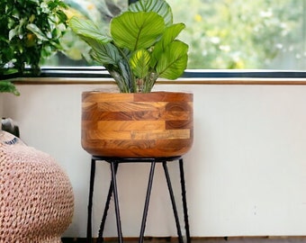 Natural Solid Wood Plant Stand. Hand-crafted Round Wood Planter. 24" Tall with an Iron Stand