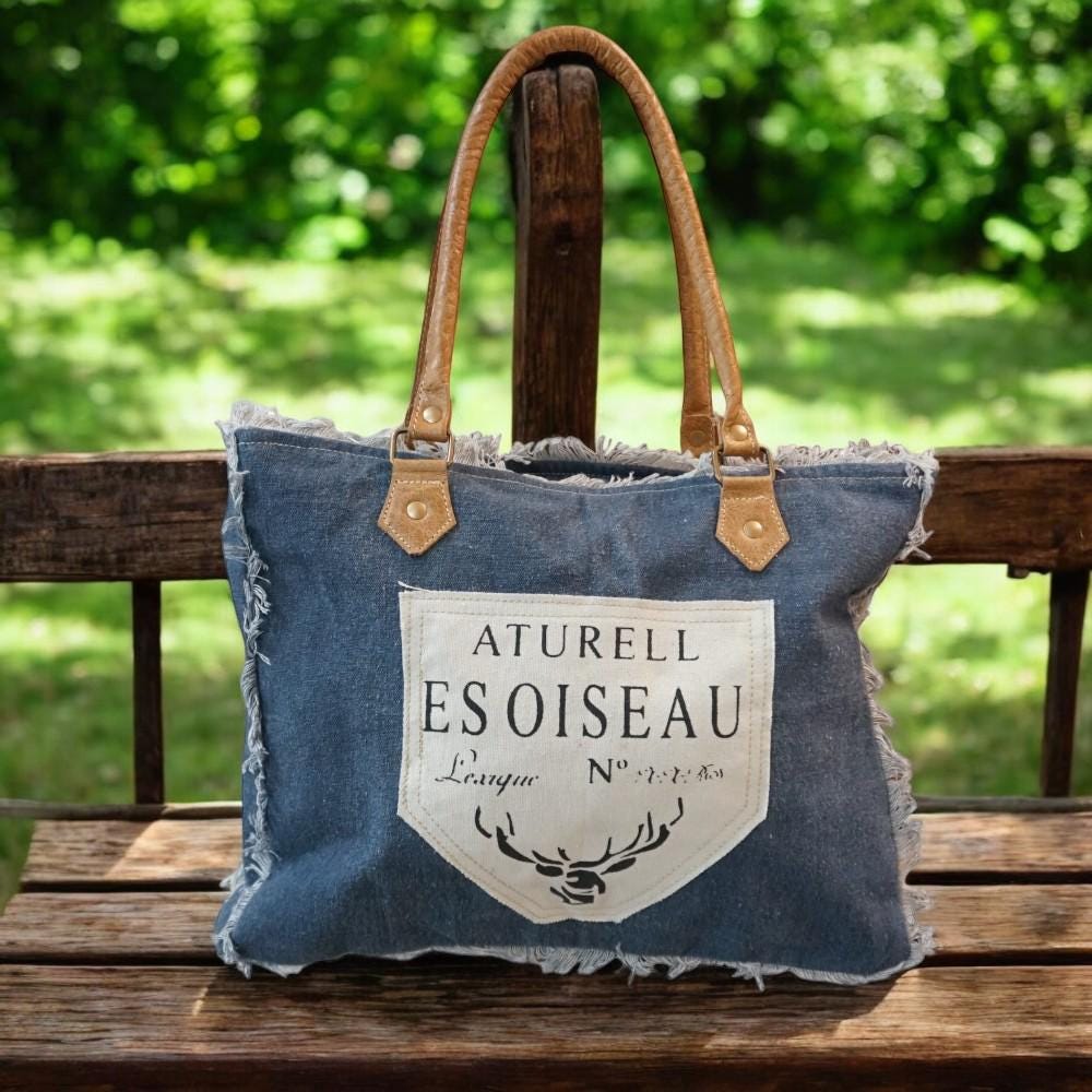 Vintage Style Denim Canvas Bag: Soft Leather Straps, Screen Printed Panel
