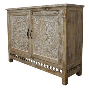 Hand-Carved Mango Wood Sideboard: Sandblasted Buffet Cabinet Limited Stock image 4