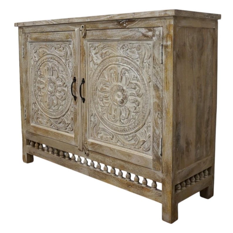 Hand-Carved Mango Wood Sideboard: Sandblasted Buffet Cabinet Limited Stock image 4