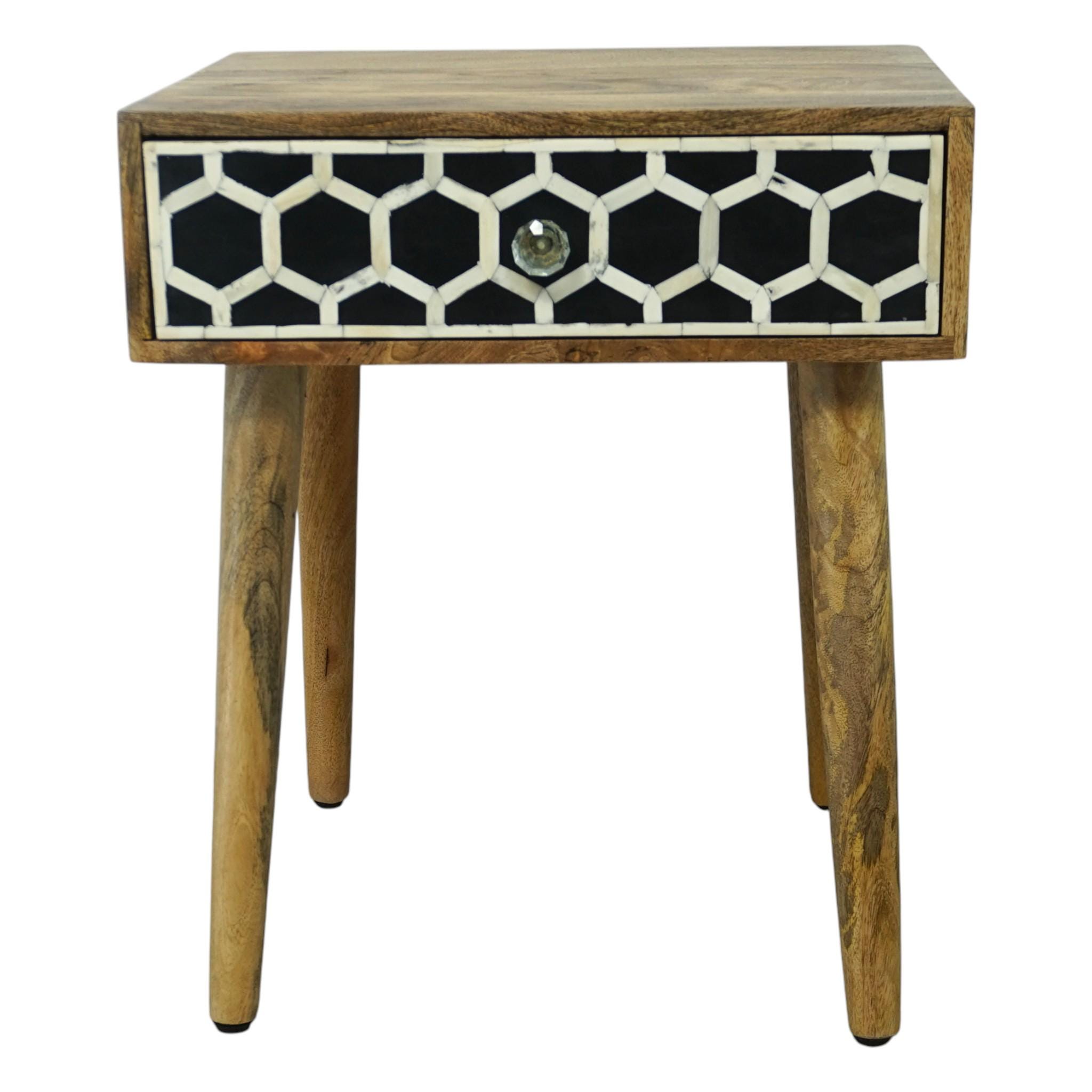 Hand Crafted Solid Wood Side Table With Bone Inlay Drawer – Modern ...