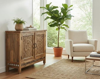 Handcarved Mango Wood Sideboard: Elegant Storage Cabinet, 47-Inch Limited Stock!