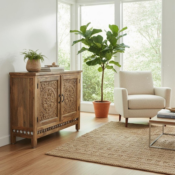 Handcarved Mango Wood Sideboard: Elegant Storage Cabinet, 47-Inch Limited Stock!