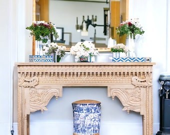 Hand-Carved Solid Mango Wood Traditional Exotic Styled Console Table Natural Whitewash Finish