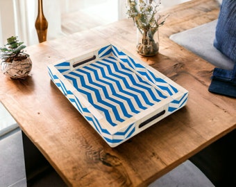 Small Decorative Serving Tray in Blue and White. 14x10x2 Modern Chevron Style Vanity Tray