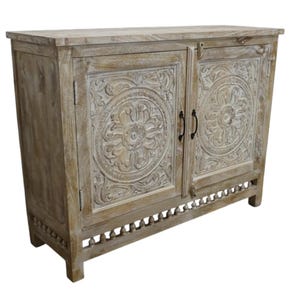 Hand-Carved Mango Wood Sideboard: Sandblasted Buffet Cabinet Limited Stock image 5