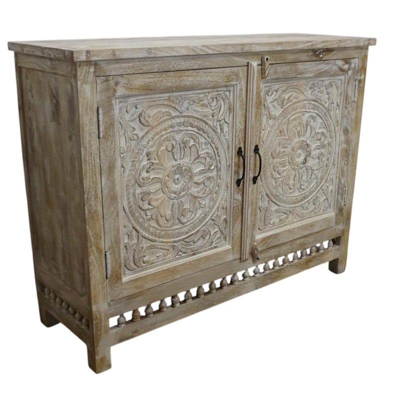 Hand-Carved Mango Wood Sideboard: Sandblasted Buffet Cabinet Limited Stock image 5