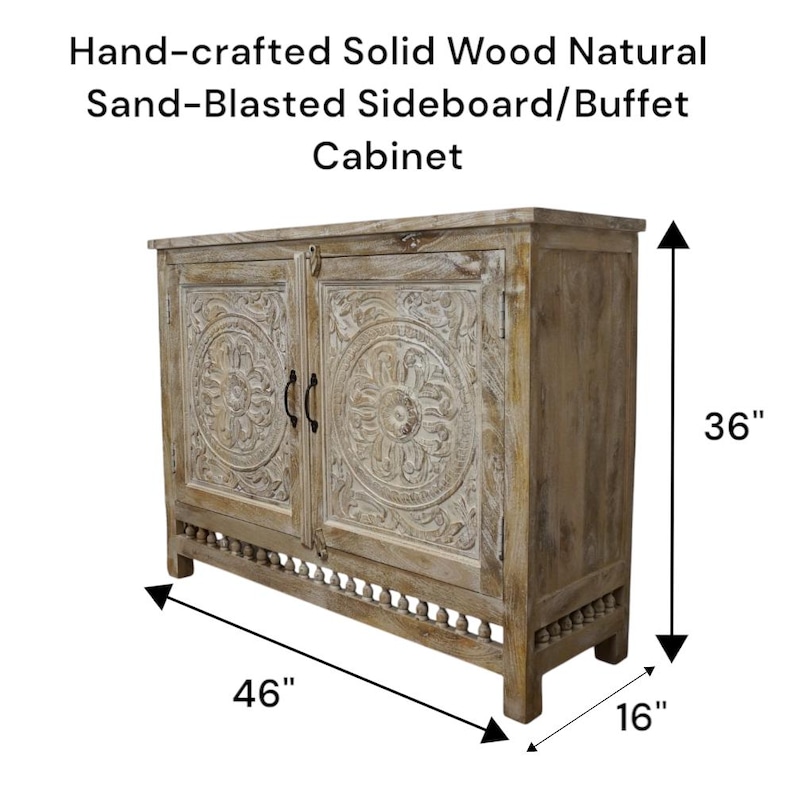 Hand-Carved Mango Wood Sideboard: Sandblasted Buffet Cabinet Limited Stock image 10