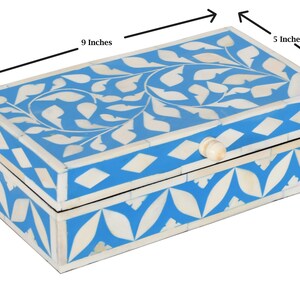 Hand-crafted Blue Inlay Jewelry Box: Floral Geometric Keepsake (9x5x3 ...