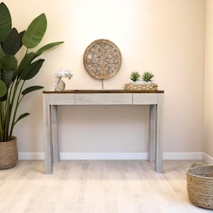 Hand-Crafted Mango Wood Console Table: White Washed Entry Table with Hidden Drawer