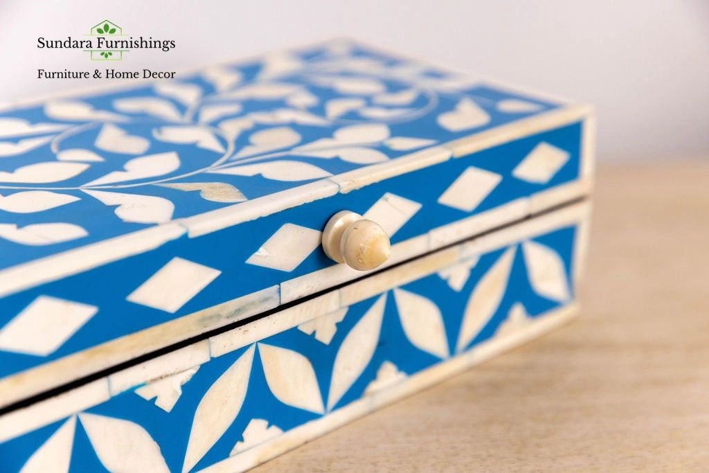 Hand-crafted Blue Inlay Jewelry Box: Floral Geometric Keepsake (9x5x3 ...