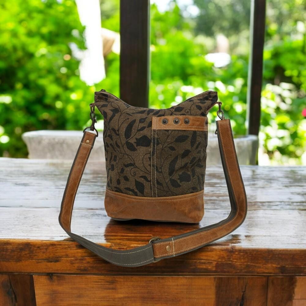Floral Denim Crossbody Bag: Khaki Green Canvas with Leather Accents