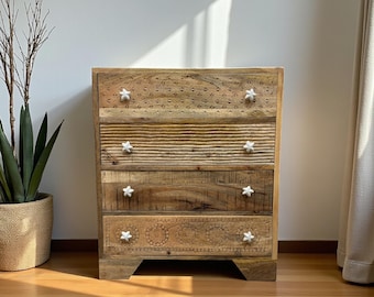 Hand-Carved Mango Wood 4-Drawer Dresser: Rustic Storage With Custom Knobs