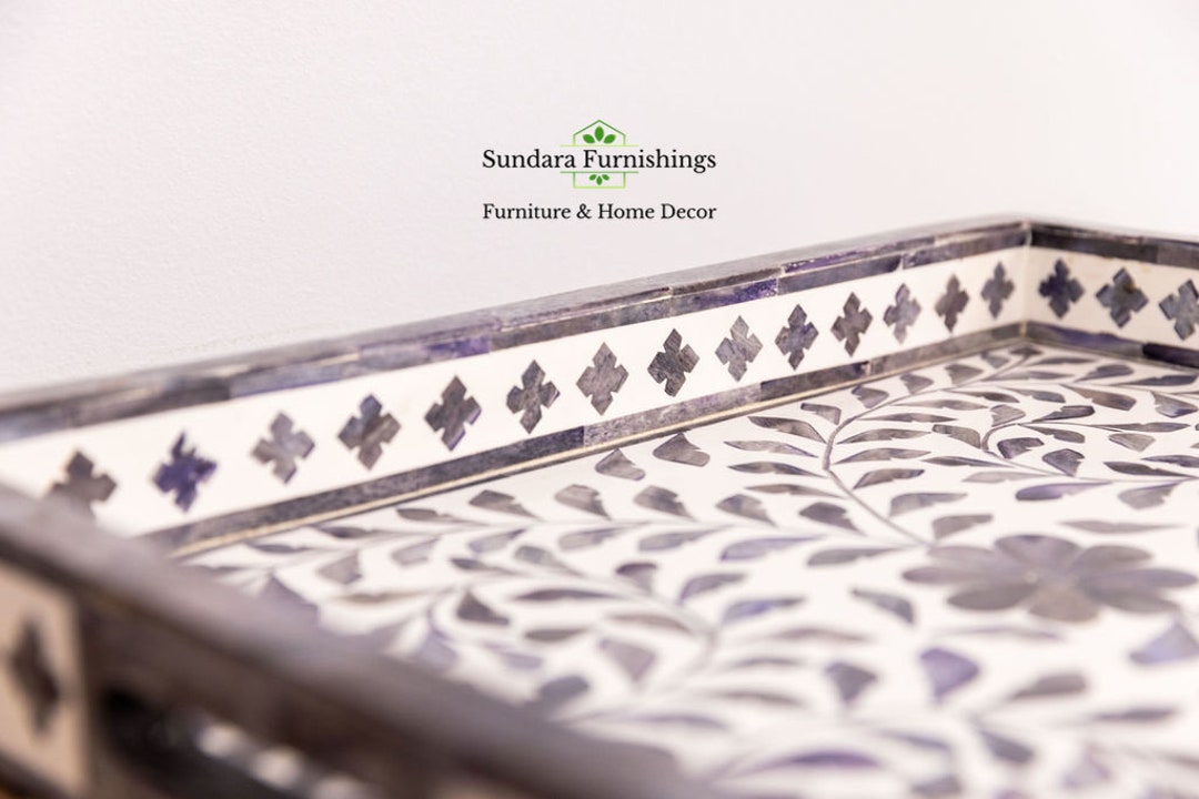 Handcrafted Stunning Wood Inlay Tray. Gray and White Etsy