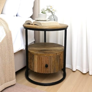 Hand-Crafted Mango Wood Round Side Table with Drawer