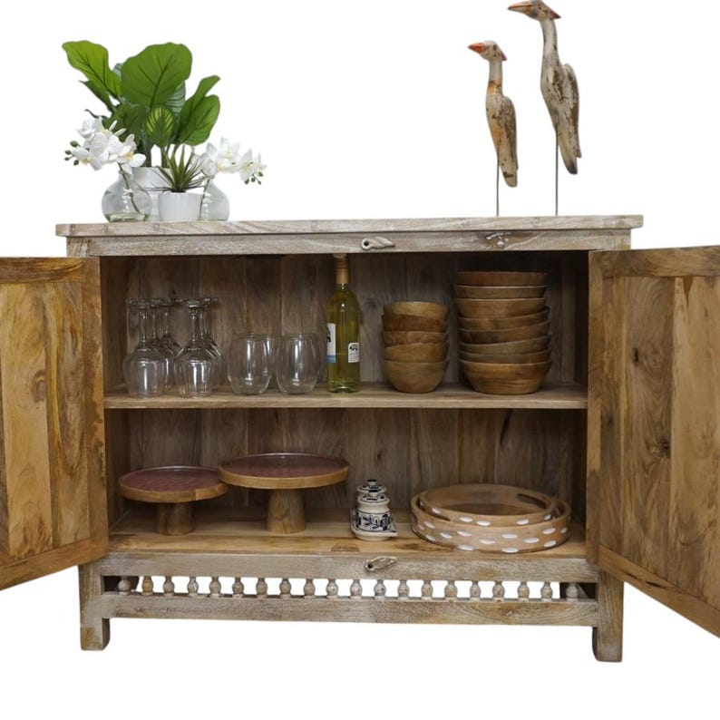 Hand-Carved Mango Wood Sideboard: Sandblasted Buffet Cabinet Limited Stock image 6