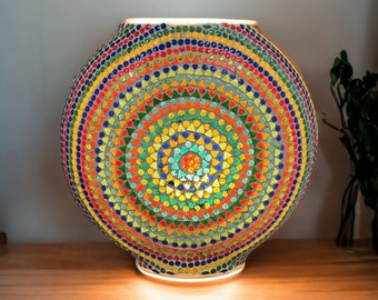Limited Stock! Unique Handmade Large Round Glass Multicolor Mosaic Lamp 16x14x5.5