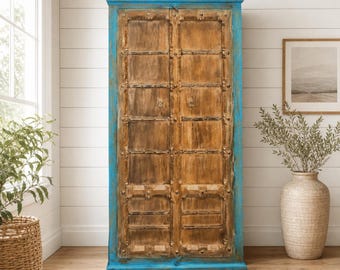 Hand-crafted Mango Wood Armoire: Old-World Style Almirah, Iron Accents (33.5x17x70)